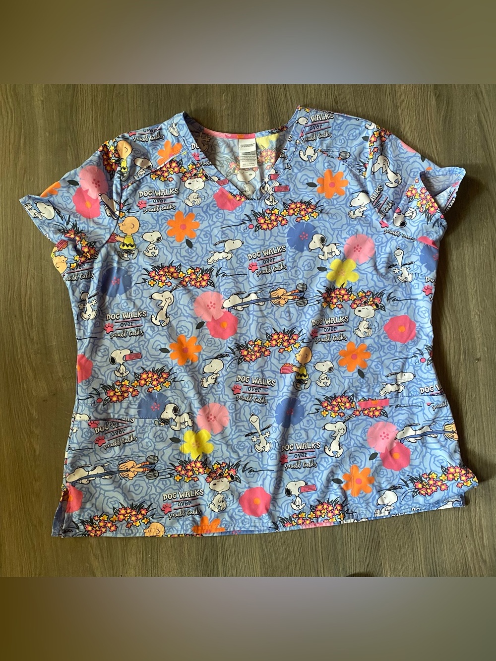 Peanuts Light Blue Snoopy Floral V-Neck Scrub Top